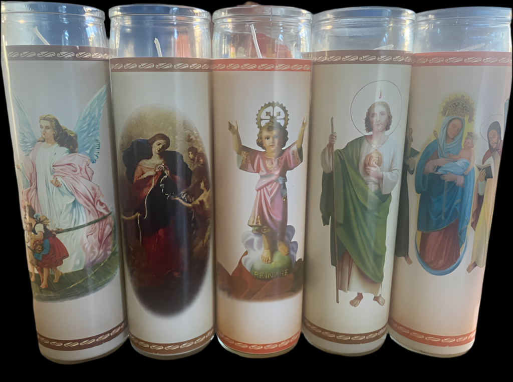 Religious printed tall glass candles