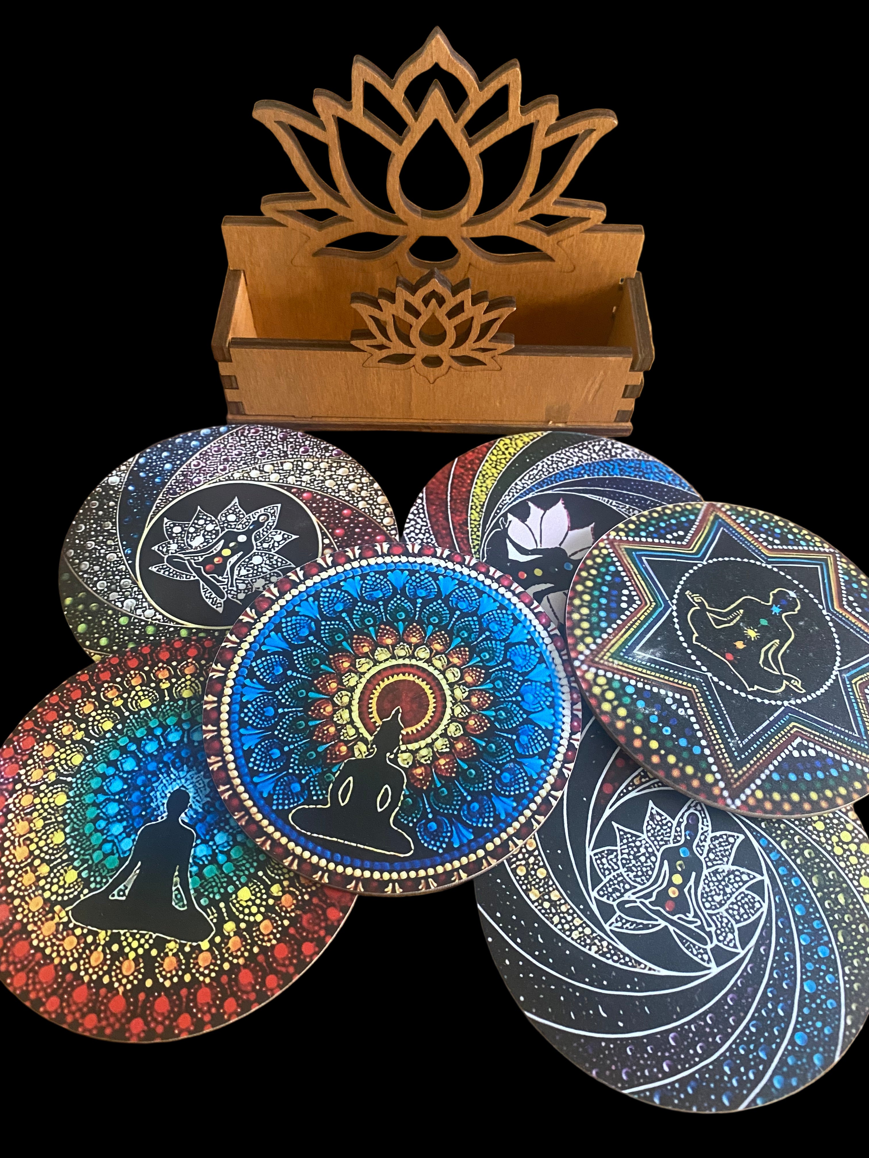Chakra wooden coasters and holder