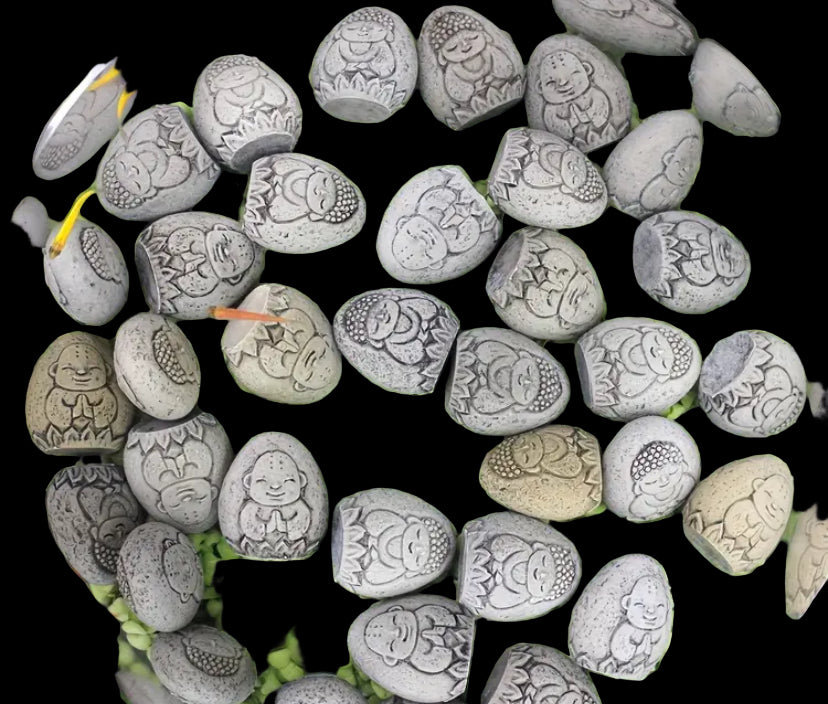 5 piece buddha carved fossil ornaments in bag